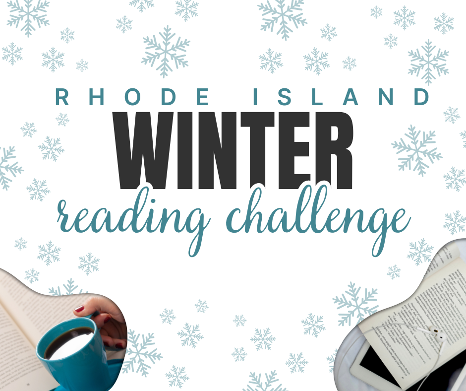 Picture of Poster of Winrer Reading Challenge Features a cup of Coffee and a book page with snowflakes in the background