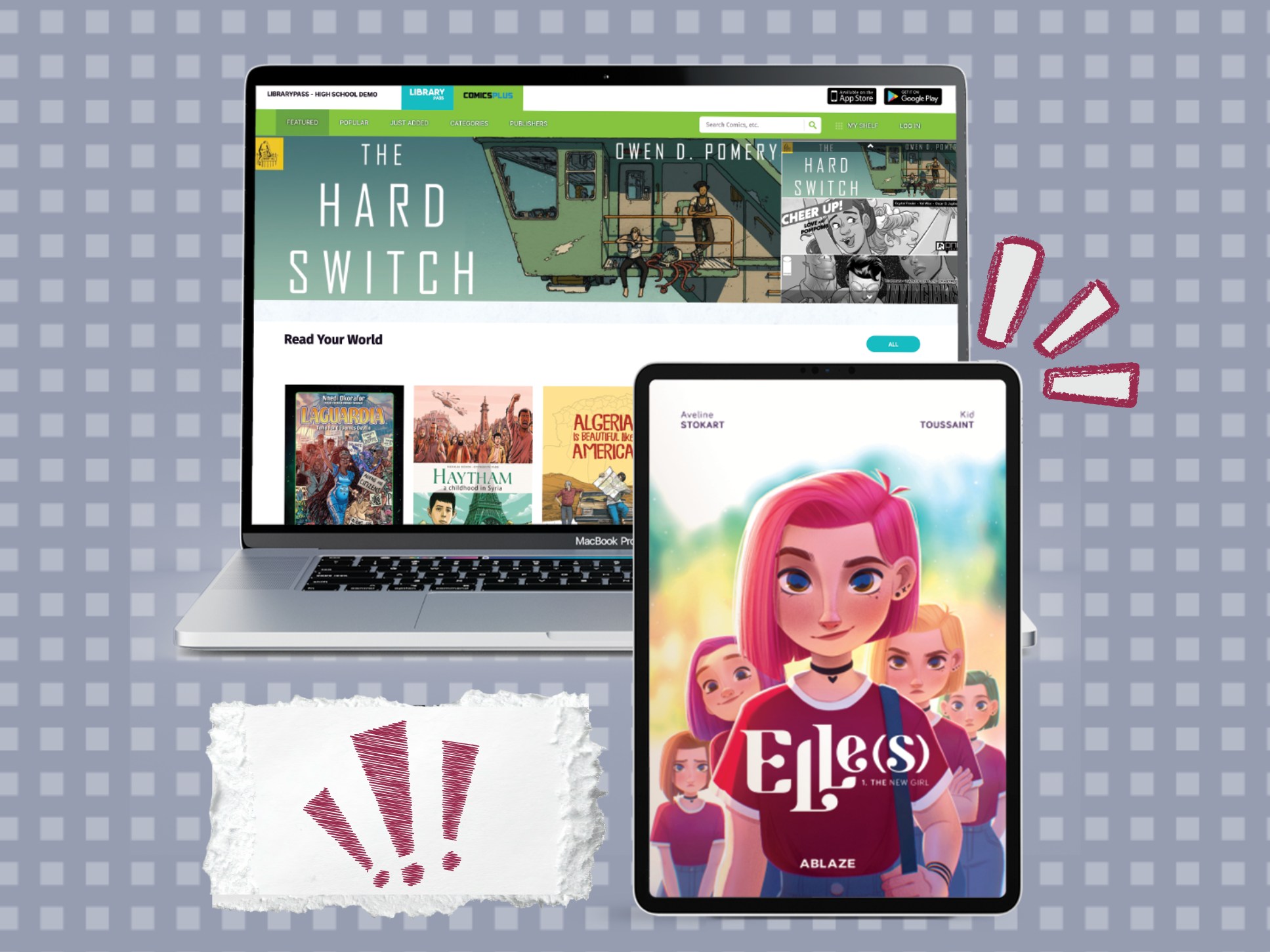 Laptop ipad with comics on display